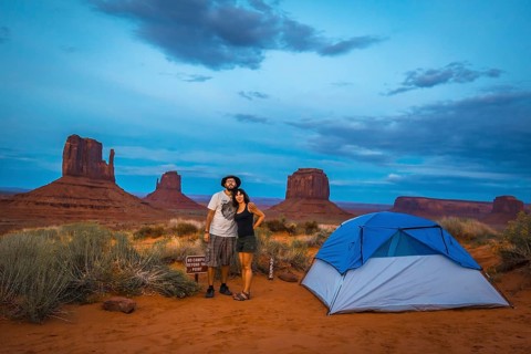 A couple in Blue tent at The View Campground campsite in Monument Valley itself