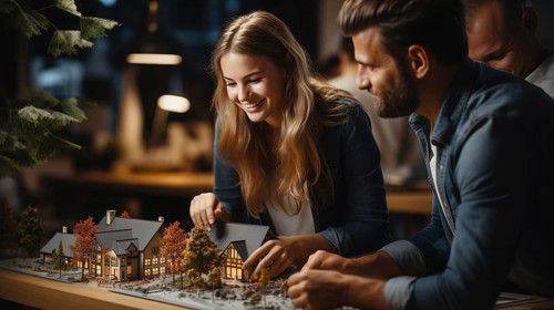 Young adult couple discussing A new housing development model on the table in front of them. generative AI