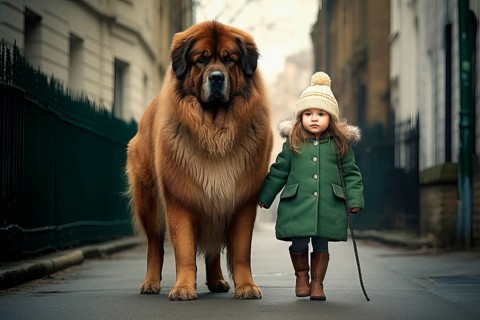 Three years old girl wearing winter clothes leading on a leash a huge Leonberger dog in an urban environment