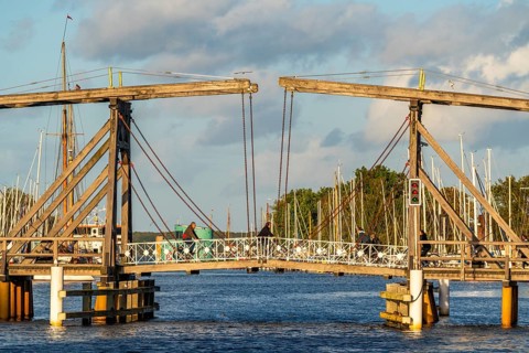 Historic Wieck wooden bascule bridge over the river Ryck