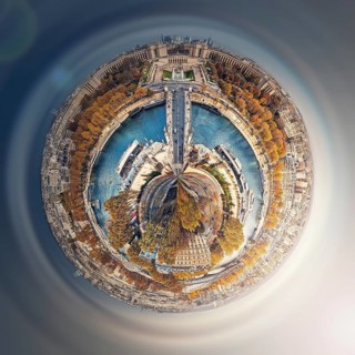 Aerial Paris as a micro planet in space. Sightseeing city panorama in shape o a globe with view to Seine river