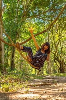 A young woman enjoying the temples of Copan Ruinas. Honduras