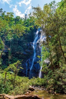 Waterfall between rocks and trees in the rainforest in the state of Minas Gerais