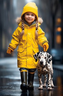 Eight years old girl wearing a yellow raincoat and hat walking in a street side by side with a Dalmatian dog