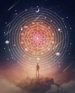 Marvelous scene with a person on the top of a mountain watching the astrological wheel projection on the starry night sky. Zodiac signs