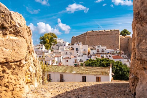 Looking at the city from the castle wall of Ibiza Town