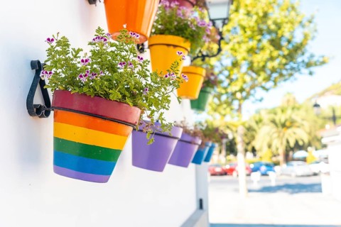 Flower pots with rainbow colors with lgbt colors. Mijas