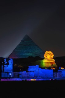 Sound and light show at the beautiful pyramids and sphinx of Giza. Night in the city of Cairo. Africa