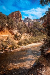 The trekking mountain of Angels Landing Trail in Zion National Park seen from the river