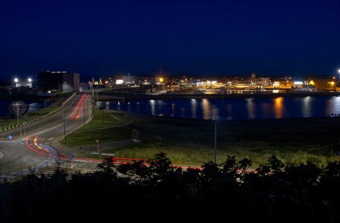 Night shot of the harbour with bridge in Hvide Sande