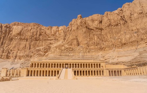 View of the Mortuary Temple of Hatshepsut without people on the way back from tourism in Luxor after the coronavirua pandemic