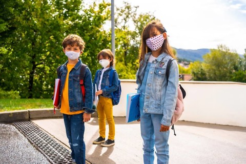 Three brothers with face masks ready to go back to school. New normality