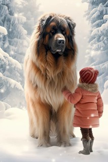 Three years old little girl wearing winter coat petting a huge Leonberger in a snowy forest environment with the dog looking down at the girl