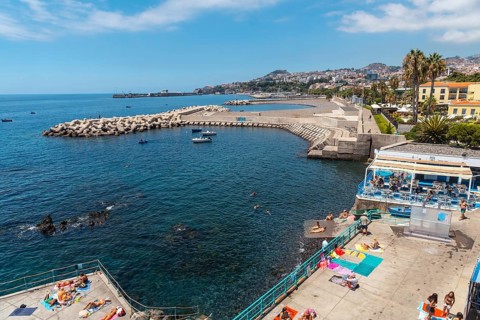 View of the beach from the fort Forte de Sao Tiago in Funchal beach. Madeira