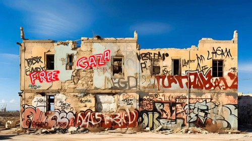 On the wall of a shot-up house on the outskirts of a town