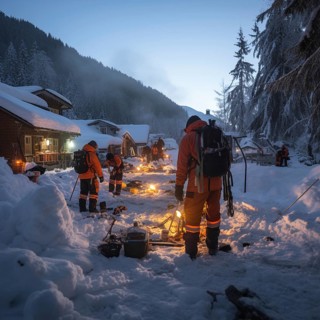 Helpers use evacuation aids to search for people buried in an avalanche