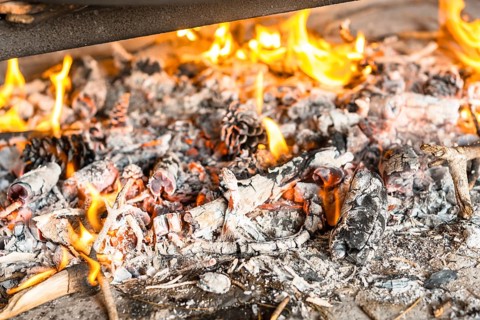 Firewood embers of the Valencian paella with embers and vegetables. Traditional Spanish food