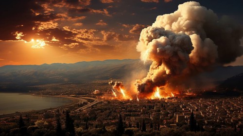 Explosions in a war torn middle eastern city. generative AI