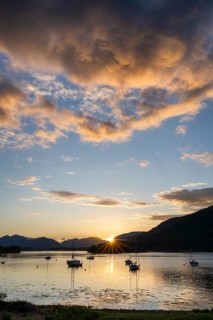 Sunset over the freshwater loch Loch Leven