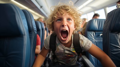 Irate child causing mayhem on an airplane bothering everyone on board. generative AI