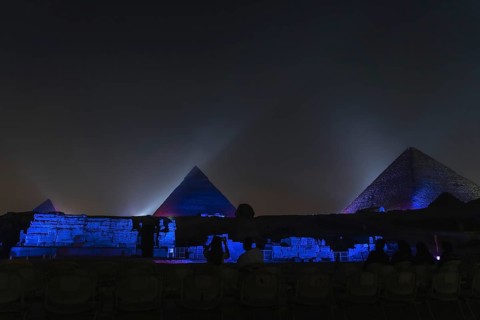 Sound and light show at the beautiful pyramids and sphinx of Giza. Night in the city of Cairo. Africa