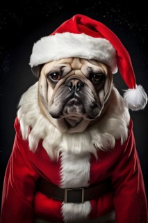 Studio shot of a grumpy looking pug dressed in a Santa Claus costume looking straight at the camera. Generative AI