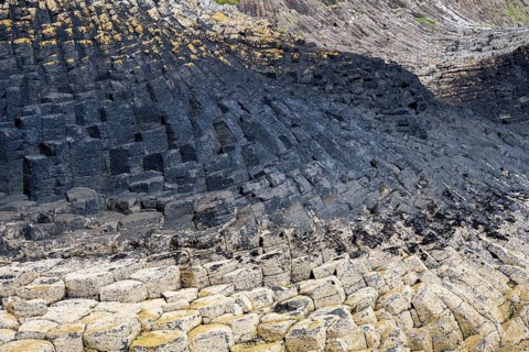 Bizzarely formed polygonal columnar basalt on the uninhabited rocky island of Staffa