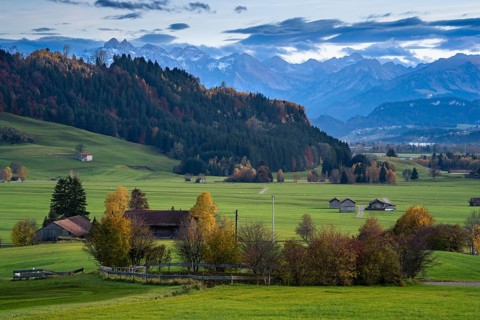 Landscape in the Allgaeu in autumn near Rettenberg with a view of farms