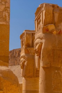 Historical sculptures on the pillars of the Hatshepsut Funerary Temple in Luxor. Egypt