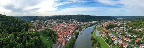 Aerial view of Wertheim am Main with a view of the castle. Wertheim