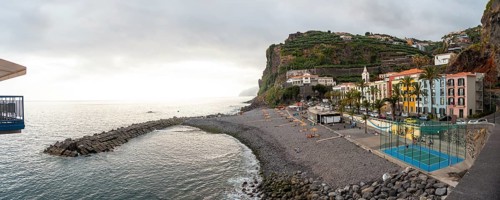 Panoramic and aerial view of Ponta do Sol beach in the east of Madeira in summer