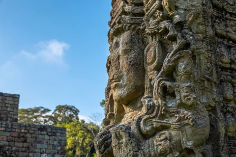 A Mayan figure in The Temples of Copan Ruinas. Honduras