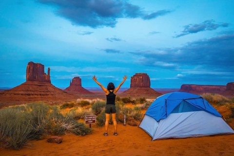 A girl and her blue tent at The View Campground in Monument Valley itself. Utah