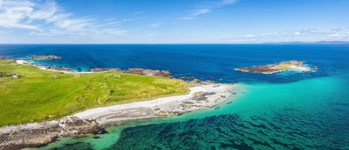 Aerial panorama of the sandy White Strand of the Monks and Traigh An T-Suidhe top left