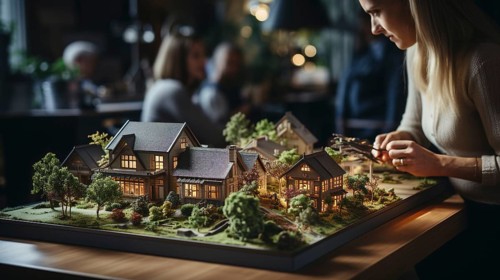 Architects working together assembling A small scale model housing developement on the table. generative AI