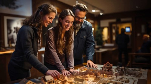 Real estate agent discussing with a young adult couple A new housing development model on the table in front of them. generative AI