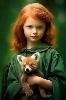 Pretty eight years old girl with long red hair and a green dress holding a panda pet in her arms