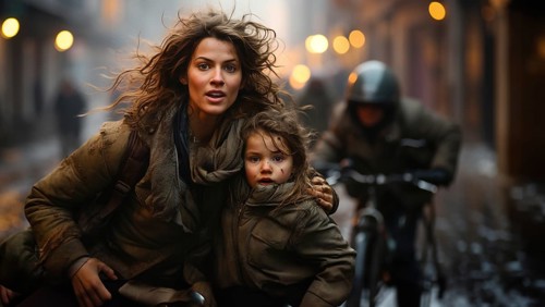 Frightened mother and young child daughter running in the streets of their war ravaged city. generative AI