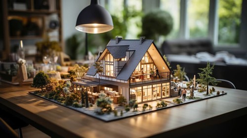 Small scale model of a contemporary house design on the table in A real estate office. generative AI