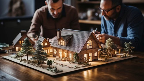 Architects working together assembling A small scale model housing developement on the table. generative AI