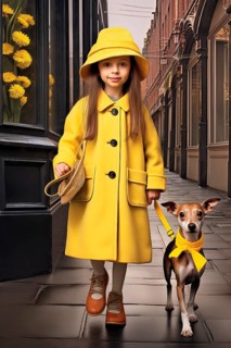 Eight years old girl wearing a yellow raincoat and hat walking with an Italian Greyhound on the leash
