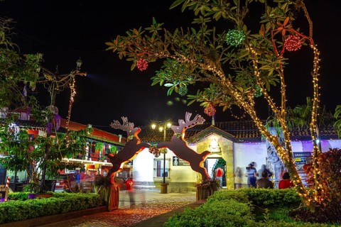 The beautiful church at night from Copan Ruinas from the square. Honduras