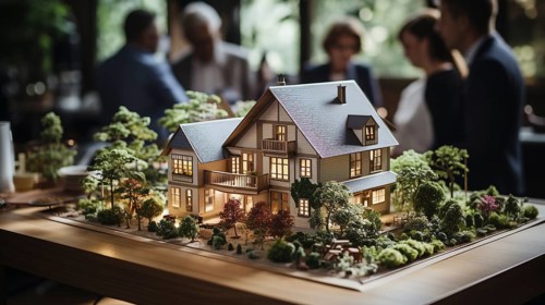 Small scale model of a contemporary house design on the table in A real estate office. generative AI