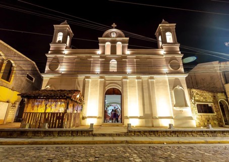 The church at night of Copan Ruinas in the square. Honduras