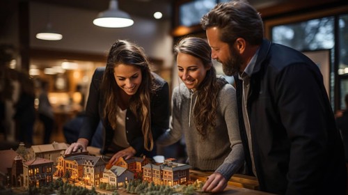 Real estate agent discussing with a young adult couple A new housing development model on the table in front of them. generative AI