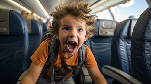 Irate child causing mayhem on an airplane bothering everyone on board. generative AI
