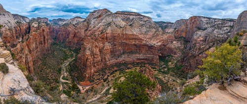 Panoramic view of the incredible views from the Angels Landing Trail up the mountain in Zion National Park