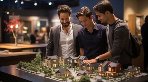 Real estate agent discussing with a male gay couple A new housing development model on the table in front of them. generative AI