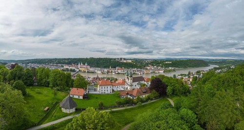 Aerial view of Pauline monastery and old town of Passau with Veste Oberhaus