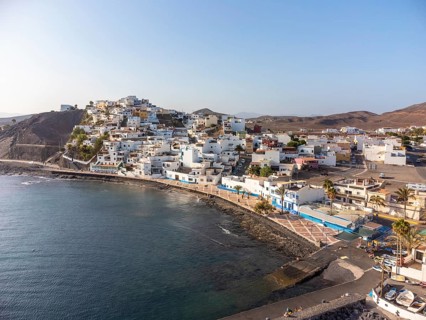 Aerial view of the beach and the coastal town of Las Playitas